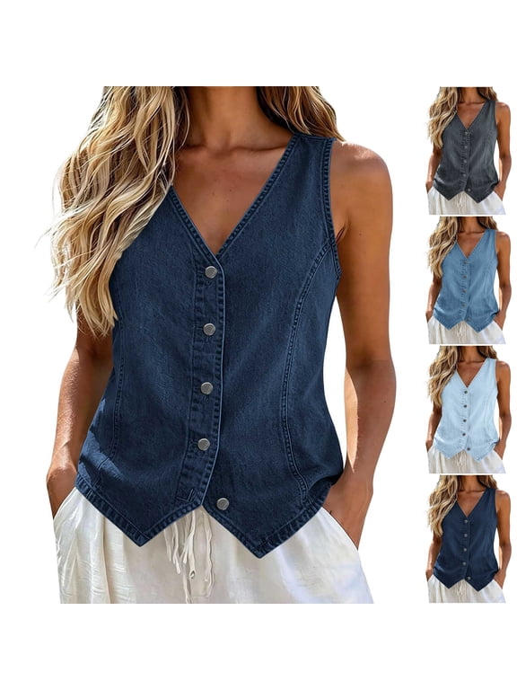 Fall Denim Vest for Women Lightweight V Neck Button Down Jean Jacket Relaxed Casual Solid Color Sleeveless Layering Waistcoat L
