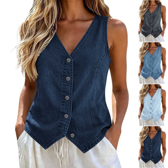 TGSLY Fall Denim Vest for Women Lightweight V Neck Button Down Jean Jacket Relaxed Casual Solid Color Sleeveless Layering Waistcoat M