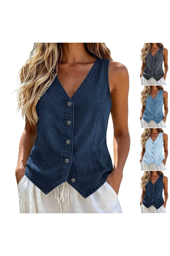 Fall Denim Vest for Women Lightweight V Neck Button Down Jean Jacket Relaxed Casual Solid Color Sleeveless Layering Waistcoat XXL