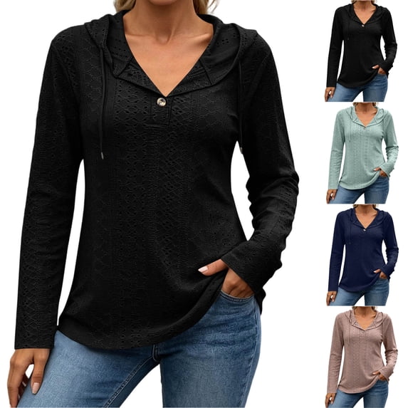 TGSLY Fall Eyelet Embroidery Hoodies for Women Lightweight Soft Henley Single Button Long Sleeve Tops Relaxed Casual Solid Color Sweatshirts XXL