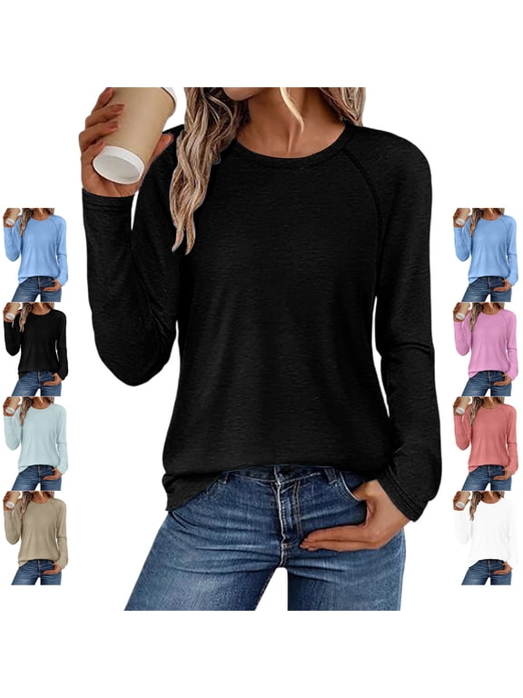 Fall Long Sleeve Shirts for Women Lightweight Thin Crew Neck Solid Color Loungewear Tops Loose Dressy Casual Daily Basic Blouses M