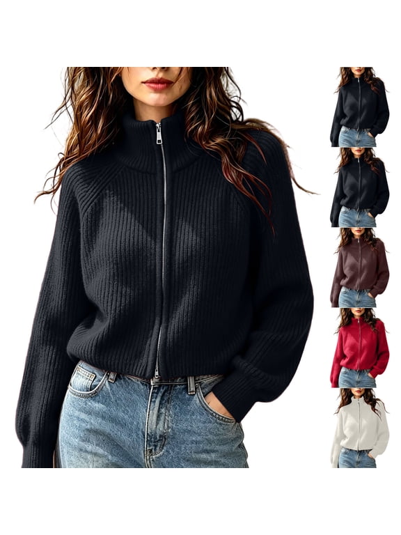 Fall Rib Knit Cardigan Coat for Women Cozy Soft Turtleneck Full Zip Long Sleeve Cropped Sweater Jacket Loose Casual Solid Color Layering Outerwear Free Size