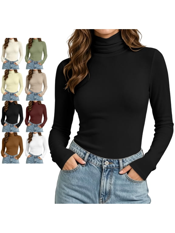 Fall Turtleneck Tops for Women Lightweight Thin Long Sleeve Fitted Layering Blouses Slim Dressy Casual Solid Color Shirts S