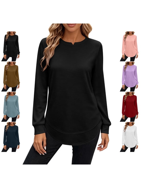 Fall Waffle Tunic Tops for Women Lightweight Thin Notch Split Neck Long Sleeve Shirts Relaxed Casual Solid Color Curved Hem Blouses XL