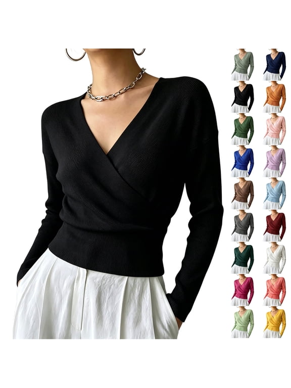 Fall Wrap Front Ribbed Knit Tops for Women Lightweight Soft V Neck Long Sleeve Cropped Sweater Dressy Casual Solid Color Slim Waist Blouses XL
