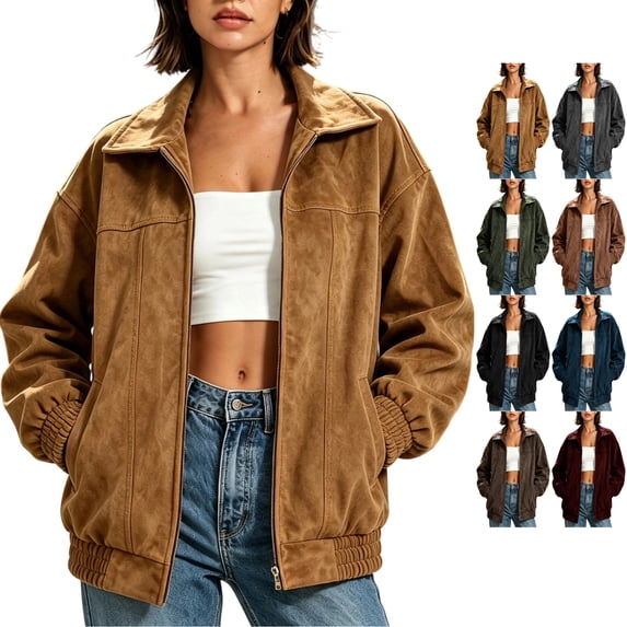 TGSLY Faux Suede Bomber Jacket for Women Lightweight Collared Zip Up Long Sleeve Cardigan Coat Loose Solid Color Fall Outerwear with Pockets XXL