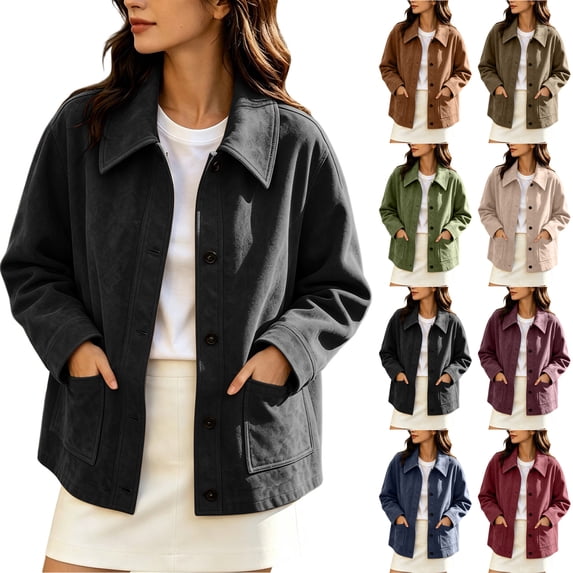 TGSLY Faux Suede Jacket for Women Lightweight Collared Button Down Long Sleeve Short Coat Relaxed Casual Solid Color Lined Outerwear with Pockets XXXL