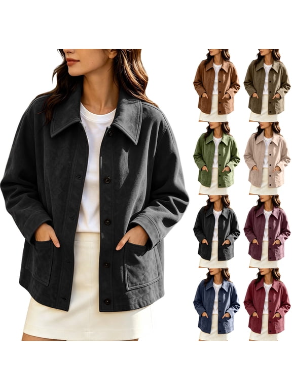 Faux Suede Jacket for Women Lightweight Collared Button Down Long Sleeve Short Coat Relaxed Casual Solid Color Lined Outerwear with Pockets XXL