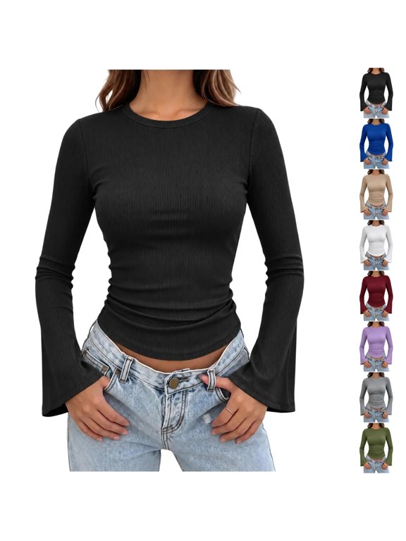 Flare Long Sleeve Ribbed Knit Tops for Women Lightweight Soft Crew Neck Solid Color Blouses Slim Dressy Casual Fall Winter Base Layer Shirts XXL