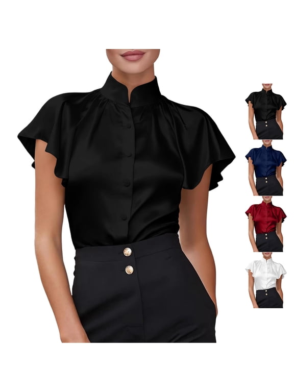 Flutter Cap Sleeve Satin Blouses for Women Silky Soft Mock Neck Button Down Formal Tops Dressy Casual Solid Color Office Work Shirts XXL