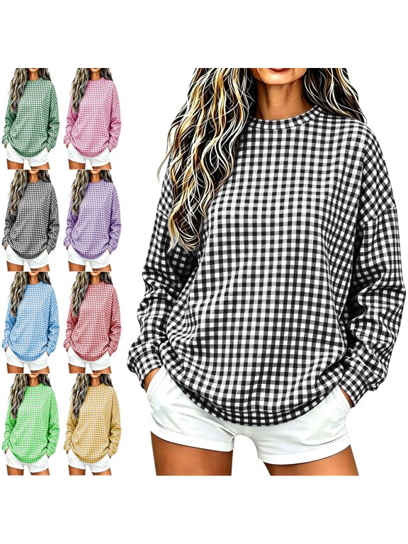 Gingham Sweatshirt for Women Lightweight Crew Neck Long Sleeve Workout Tops Relaxed Casual Fall Winter Loungewear Pullovers XXL
