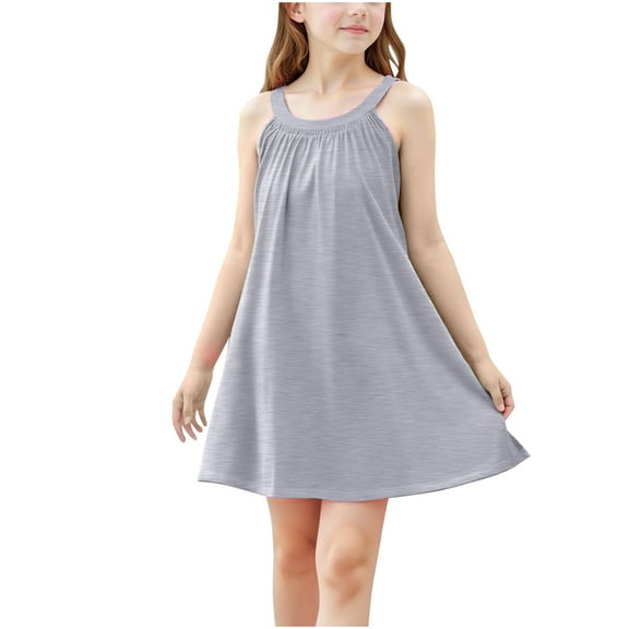 TGSLY Girl's Beach Swim Cover Up Summer Sleeveless Tank Halter Dresses Loose Flowy Ruched Pleated A-Line Beach Sundress Gray 13-14 Years