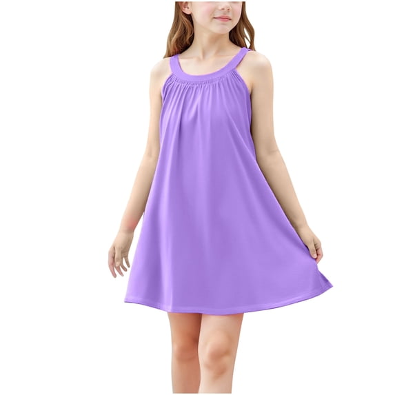 TGSLY Girl's Beach Swim Cover Up Summer Sleeveless Tank Halter Dresses Loose Flowy Ruched Pleated A-Line Beach Sundress Purple 5-6 Years