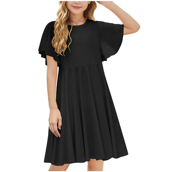 TGSLY Girl's Summer Dresses Ruffle Short Sleeve Swing Flowy Midi Loose Fit Casual Beach Vacation Sundress with Pockets Black 9-10 Years