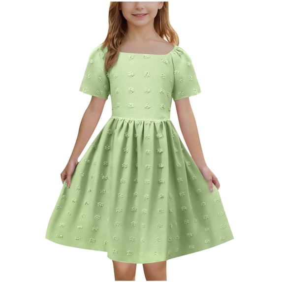 TGSLY Girls Bowknot Tie Back Dress Summer Swiss Dot Short Sleeve Twirly Cute Dresses Trendy Elastic Waist Flowy A-Line Beach Sundress Green 14-15 Years