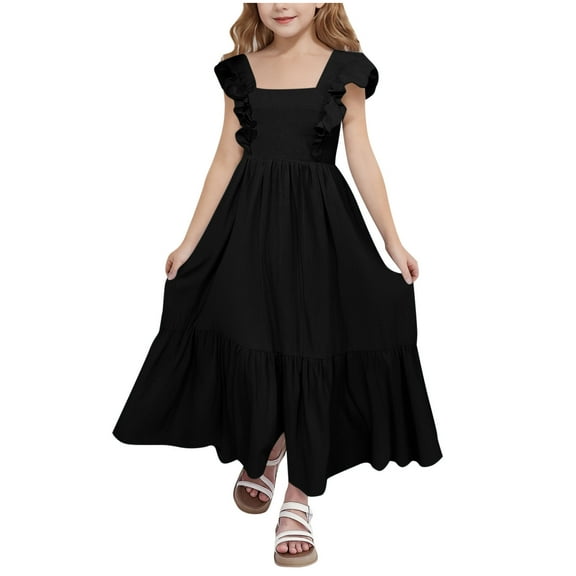 TGSLY Girls Maxi Dresses Cute Summer Short Flutter Sleeve Casual Bowknot Backless Princess Dress with Pockets Loose Flowy Comfy Ruched Pleated Beach Sundress Black 14-15 Years