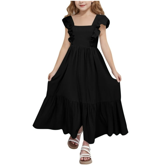 TGSLY Girls Maxi Dresses Cute Summer Short Flutter Sleeve Casual Bowknot Backless Princess Dress with Pockets Loose Flowy Comfy Ruched Pleated Beach Sundress Black 4-5 Years