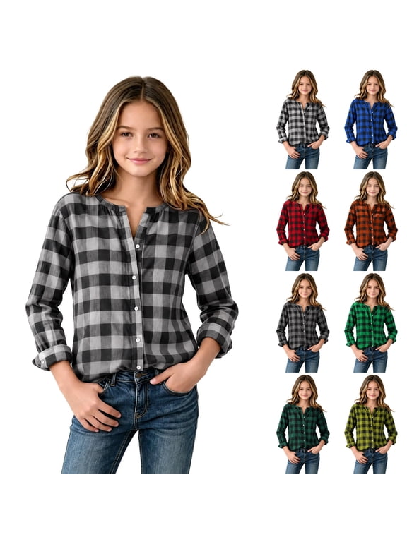 Girls' Plaid Button Down Shirts Lightweight Soft Henley Long Sleeve Tops Relaxed Fit Casual Fall Regular Shoulder Blouses 6-8 Years