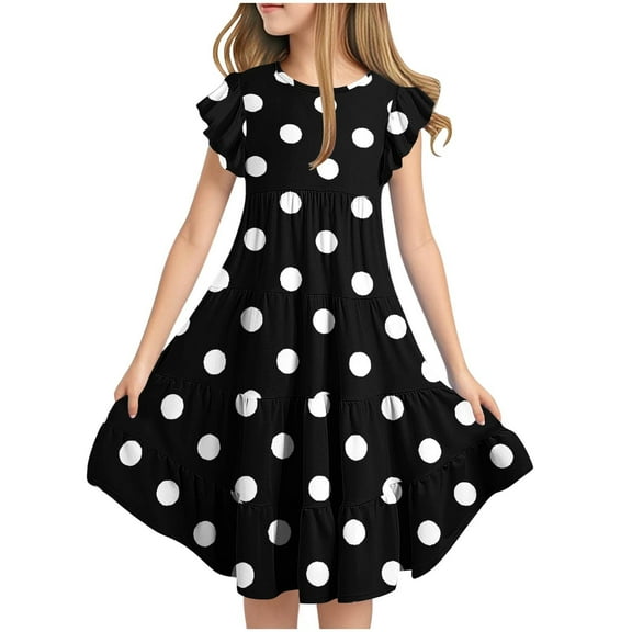 TGSLY Girls Polka Dot Printed Dress Cute Summer Tween Boho Flutter Sleeve Tiered A Line Beach Sundress Loose Flowy Dresses with Pockets Black 8-9 Years