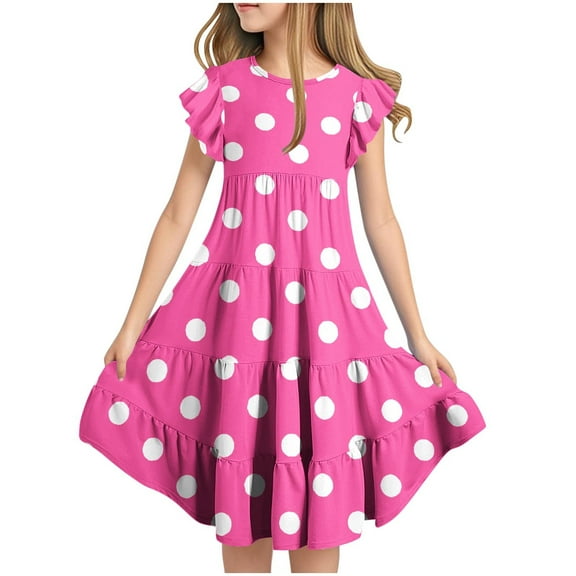 TGSLY Girls Polka Dot Printed Dress Cute Summer Tween Boho Flutter Sleeve Tiered A Line Beach Sundress Loose Flowy Dresses with Pockets Hot Pink 10-11 Years