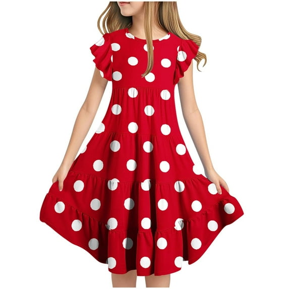 TGSLY Girls Polka Dot Printed Dress Cute Summer Tween Boho Flutter Sleeve Tiered A Line Beach Sundress Loose Flowy Dresses with Pockets Red 10-11 Years