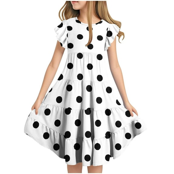 TGSLY Girls Polka Dot Printed Dress Cute Summer Tween Boho Flutter Sleeve Tiered A Line Beach Sundress Loose Flowy Dresses with Pockets White 12-13 Years