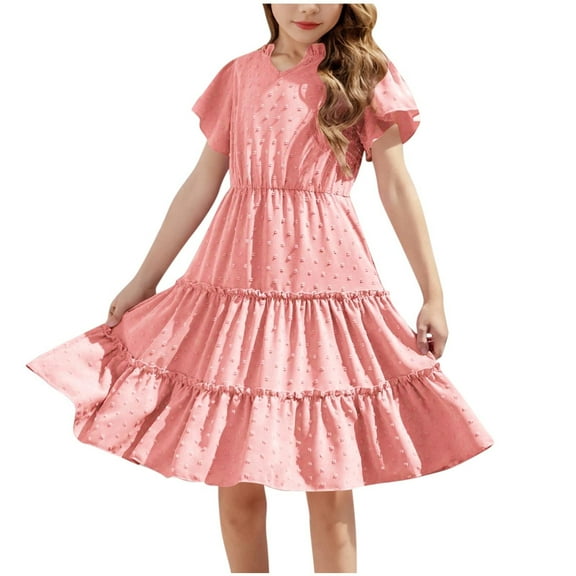 TGSLY Girls Princess Dresses Summer Ruffle Sleeve Swiss Dot V Neck Twirl Birthday Party Midi Dress with Pockets Loose Flowy Pleated Tunic Beach Sundress Pink 12-13 Years