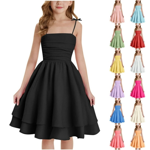 TGSLY Girls Summer Adjustable Spaghetti Strap Dresses Loose Flowy Tiered Ruched Smocked Back Casual Princess Beach Midi Sundress Pink 8-9 Years