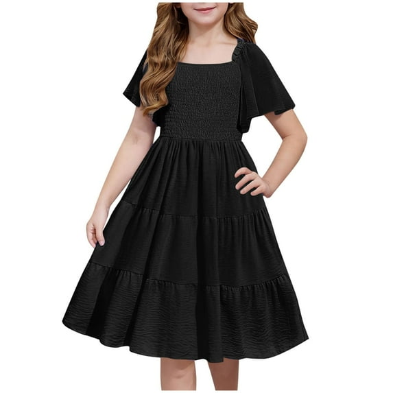 TGSLY Girls Summer Dress Tween Boho Casual Smocked Swing Flowy Ruffle Short Sleeve Midi Dresses with Pockets Loose Fit Beach Sundress Black 14-15 Years