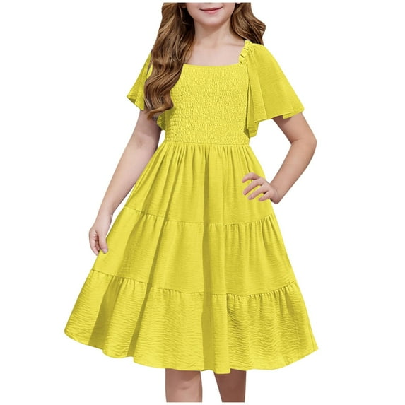 TGSLY Girls Summer Dress Tween Boho Casual Smocked Swing Flowy Ruffle Short Sleeve Midi Dresses with Pockets Loose Fit Beach Sundress Yellow 11-12 Years