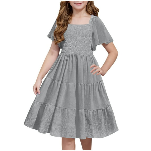 TGSLY Girls Summer Dress Tween Boho Casual Smocked Swing Flowy Ruffle Short Sleeve Midi Dresses with Pockets Loose Fit Beach Sundress Gray 7-8 Years