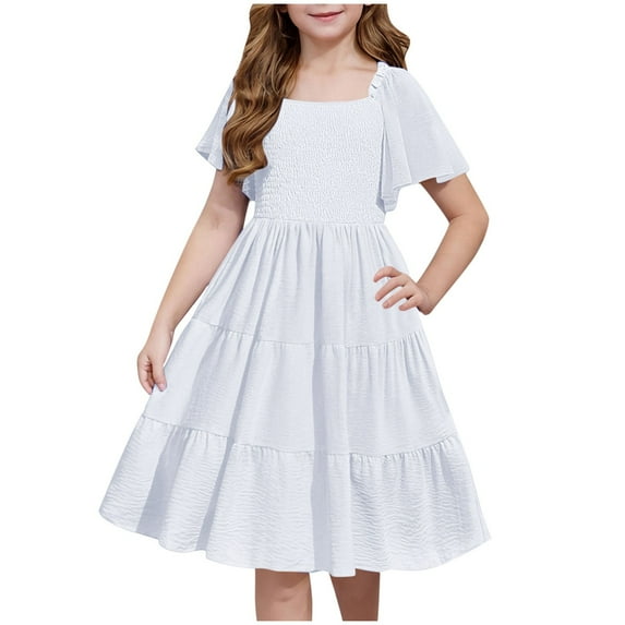 TGSLY Girls Summer Dress Tween Boho Casual Smocked Swing Flowy Ruffle Short Sleeve Midi Dresses with Pockets Loose Fit Beach Sundress White 5-6 Years