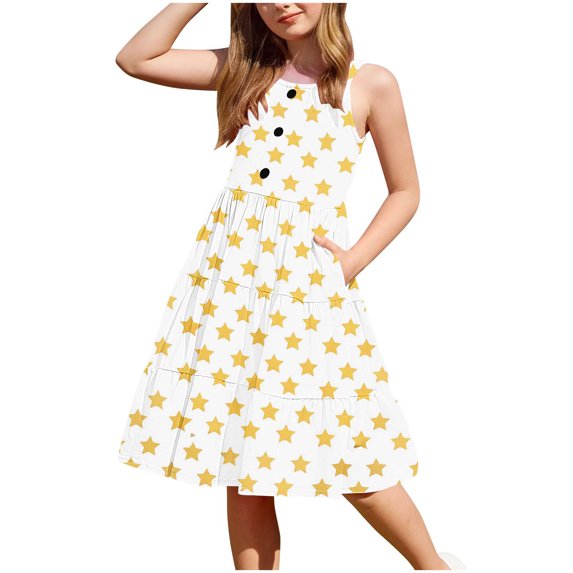 TGSLY Girls Summer Dresses Cute Sleeveless Spaghetti Strappy Polka Dot/Striped Printed Button Decor A-Linen Beach Sundress Teens Loose Flowy Princess Midi Dress C-Yellow 4-5 Years