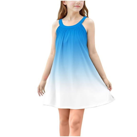TGSLY Girls Tank Dresses Fashion Tie Dye Gradient Color Printed Dress Sleeveless Crewneck Loose Comfy Pleated Beach Sundress A-Blue 5-6 Years