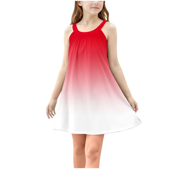 TGSLY Girls Tank Dresses Fashion Tie Dye Gradient Color Printed Dress Sleeveless Crewneck Loose Comfy Pleated Beach Sundress A-Red 5-6 Years