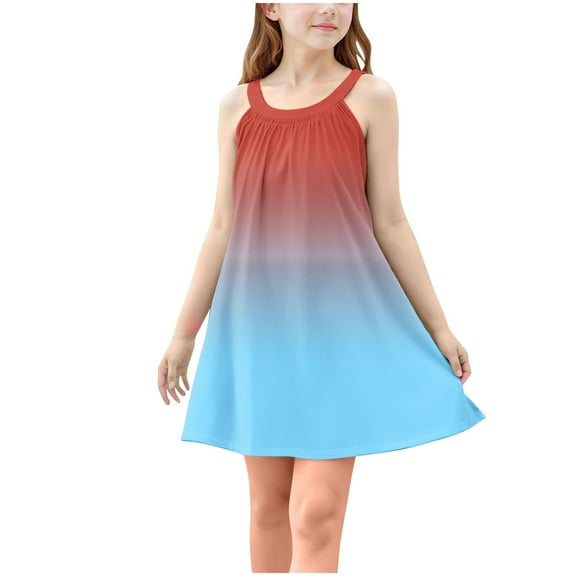 TGSLY Girls Tank Dresses Fashion Tie Dye Gradient Color Printed Dress Sleeveless Crewneck Loose Comfy Pleated Beach Sundress B-Blue 7-8 Years