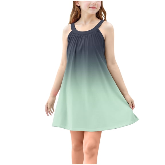 TGSLY Girls Tank Dresses Fashion Tie Dye Gradient Color Printed Dress Sleeveless Crewneck Loose Comfy Pleated Beach Sundress G-Green 9-10 Years