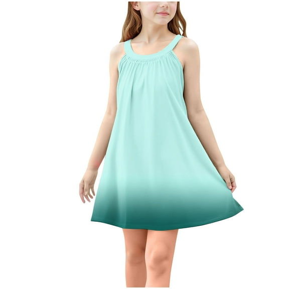 TGSLY Girls Tank Dresses Fashion Tie Dye Gradient Color Printed Dress Sleeveless Crewneck Loose Comfy Pleated Beach Sundress I-Green 5-6 Years