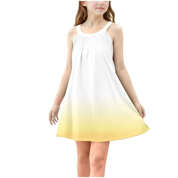 TGSLY Girls Tank Dresses Fashion Tie Dye Gradient Color Printed Dress Sleeveless Crewneck Loose Comfy Pleated Beach Sundress J-Yellow 4-5 Years