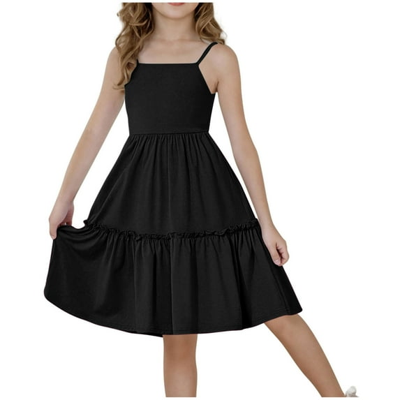 TGSLY Girls Tie Back Dress Adjustable Spaghetti Strap Color Block Ruffle Hem Princess Dress Loose Fit Casual Summer Pleated Beach Sundress with Pockets Black 8-9 Years
