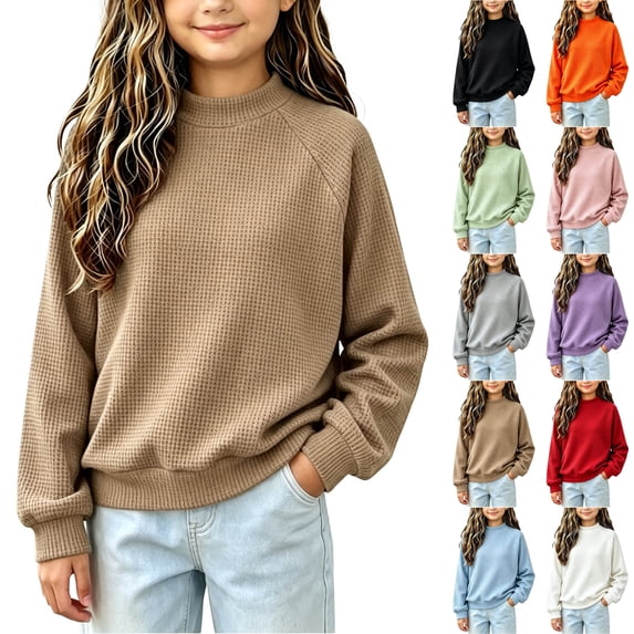 TGSLY Girls' Waffle Mock Neck Tops Lightweight Soft Raglan Long Sleeve Pullovers Loose Casual Solid Color Fall Layering Blouses 7-8 Years