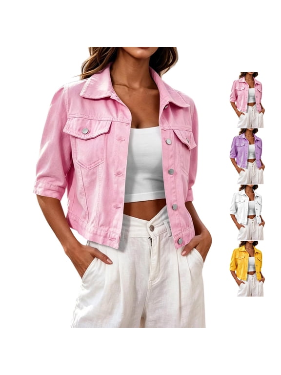 Half Sleeve Cropped Denim Jacket for Women Lightweight Collared Solid Color Denim Coat Oversized Casual Button Down Jean Gilet with Pocket L