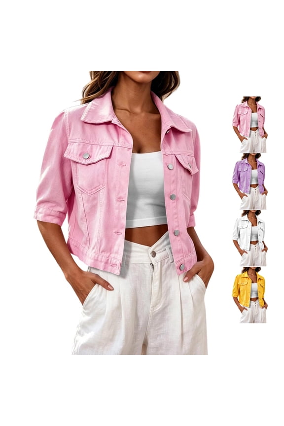 Half Sleeve Cropped Denim Jacket for Women Lightweight Collared Solid Color Denim Coat Oversized Casual Button Down Jean Gilet with Pocket XXL