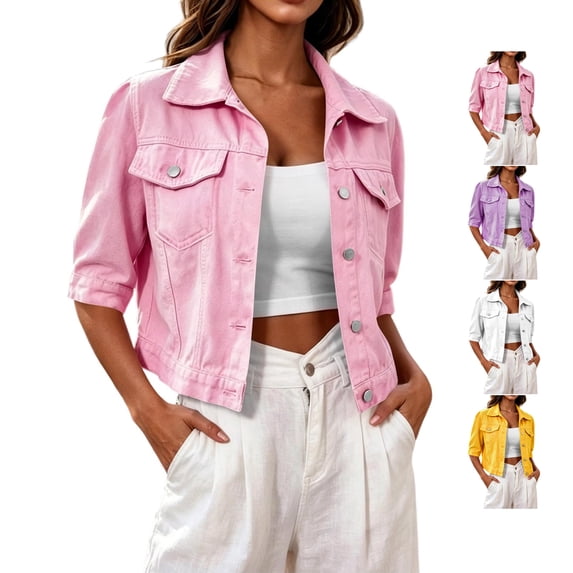 TGSLY Half Sleeve Cropped Denim Jacket for Women Lightweight Collared Solid Color Denim Coat Oversized Casual Button Down Jean Gilet with Pocket XXXL