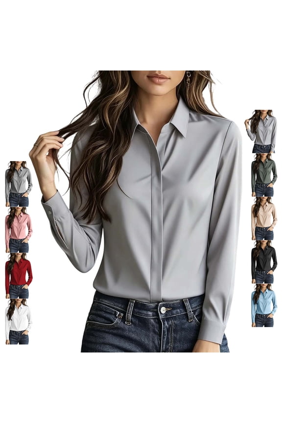 Hidden Button Down Tops for Women Lightweight Thin Collared Solid Color Blouses Dressy Casual Long Cuffed Sleeve Business Shirts M