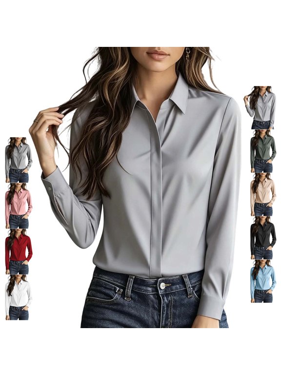 Hidden Button Down Tops for Women Lightweight Thin Collared Solid Color Blouses Dressy Casual Long Cuffed Sleeve Business Shirts XXL