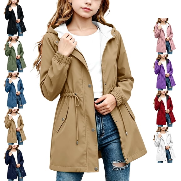 TGSLY Hooded Rain Jacket for Girls Lightweight Zip Up Snap Button Down Long Sleeve Raincoat Loose Casual Drawstring Waist Outdoor Windbreaker Outerwear 13 Years