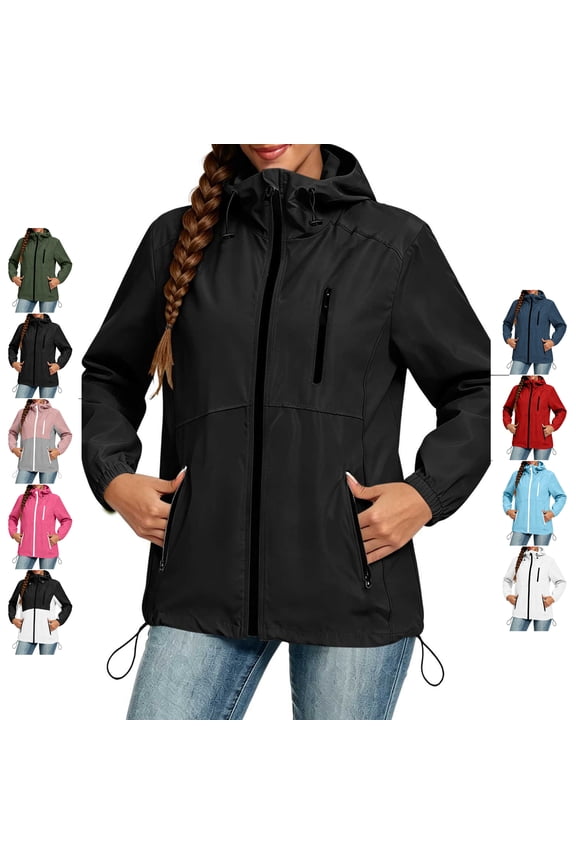 Hooded Rain Jacket Tops for Women Full-Zip Long Sleeve Solid Color Coats with Elastic Cuffs Adjustable Drawstring Hem Hood Raincoats with Zippered Pockets XXL