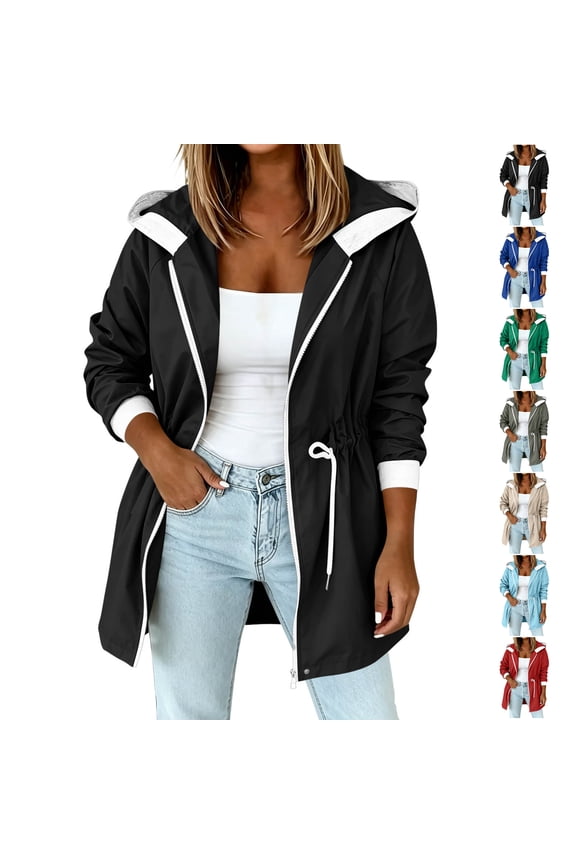 Hooded Raincoat for Women Lightweight Zip Up Long Sleeve Outdoor Windbreaker Coat Casual Adjustable Waist Drawstring Solid Color Anorak Rain Jacket XXL