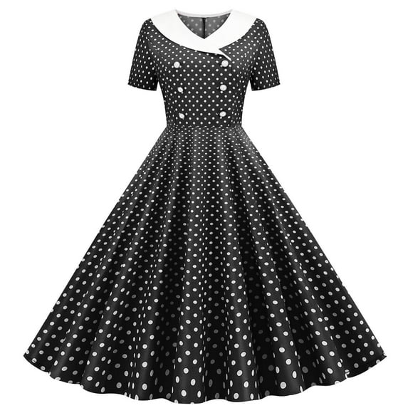 TGSLY Kids Girls Double Breasted Notch Lapel 50s Vintage Short Sleeve Polka Dot Cocktail Swing Dress Polka Dot 1950s Rockabilly Prom Midi Dress Black 9-10 Years